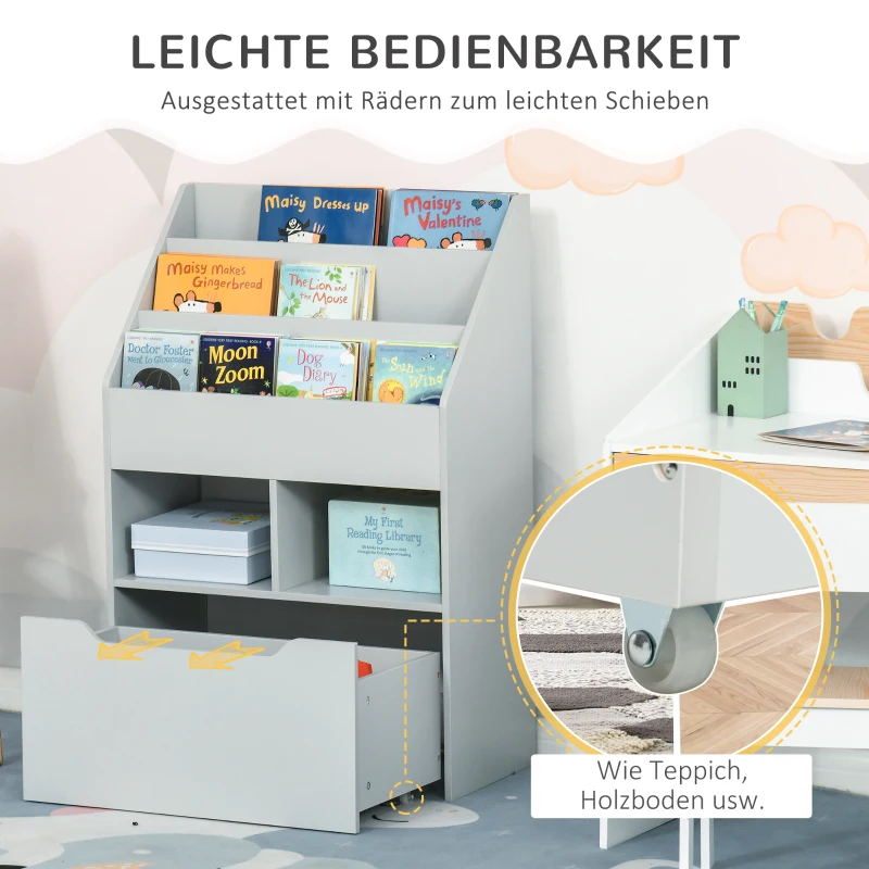 HOMCOM Kinderboekenrek met Lade en Vakken, 60 x 29,9 x 90 cm, Grijs(m-6)