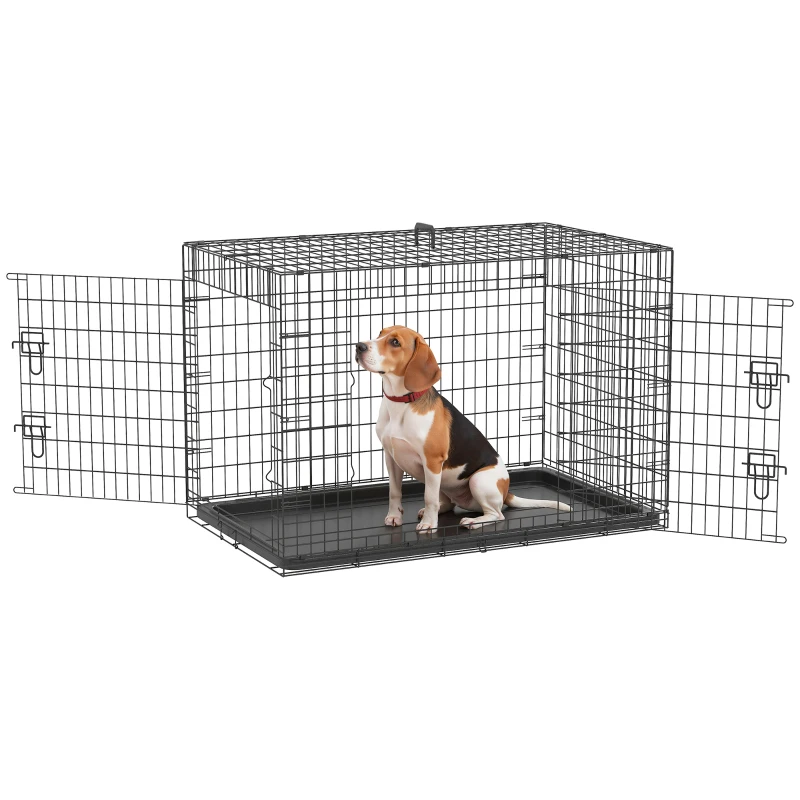 PawHut Jaula para Perros Plegable Transportín para Perros con 2 Puertas Bandeja Extraíble Asa de Transporte 92x57x62,5 cm Negro