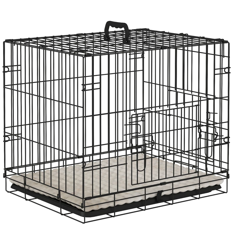 PawHut Jaula para Perros Plegable con Cojín Puertas Bandeja Extraíble y Marco de Alambre Metálico 60x40x50 cm Negro y Beige