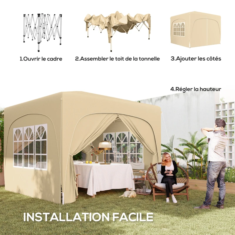 Outsunny Tonnelle Barnum Tente de réception Pliante 3 x 3 x 2,73 m avec fenêtres + Sac de Transport Sable