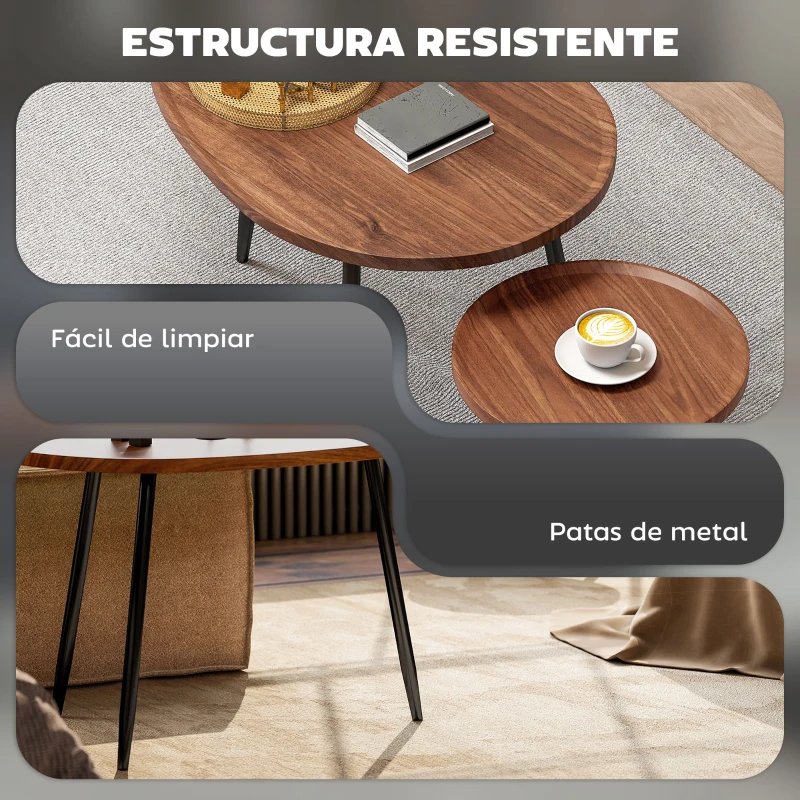 HOMCOM Juego de 2 Mesas Auxiliares Apilables Mesas Nido Estilo Moderno con Marco de Metal para Salón Dormitorio Efecto Madera