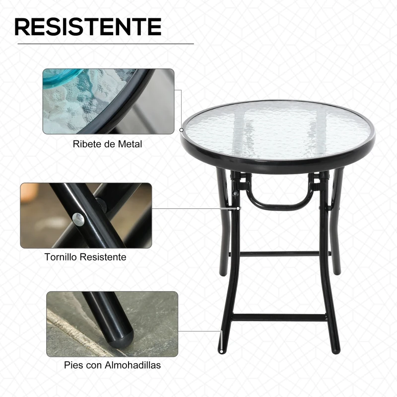 Outsunny Mesa de Vidrio Redonda Plegable Mesa de Jardín con Hebilla de Seguridad Borde Cubierto de Metal Patio Interior y Exterior Ø45x50 cm Negro