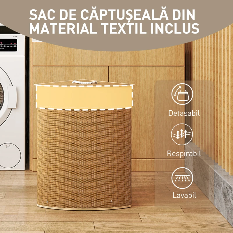 HOMCOM Coș de Rufe Colțar 55L cu Sac Detașabil din Bambus Maro