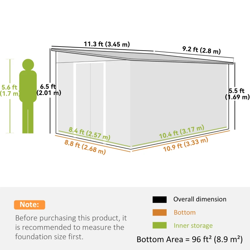 Outsunny Metalen Tuinschuur Metaal, Met Dubbele Vergrendelbare Deuren, 2,8x3,45x2,01m, Grijs(m-3)