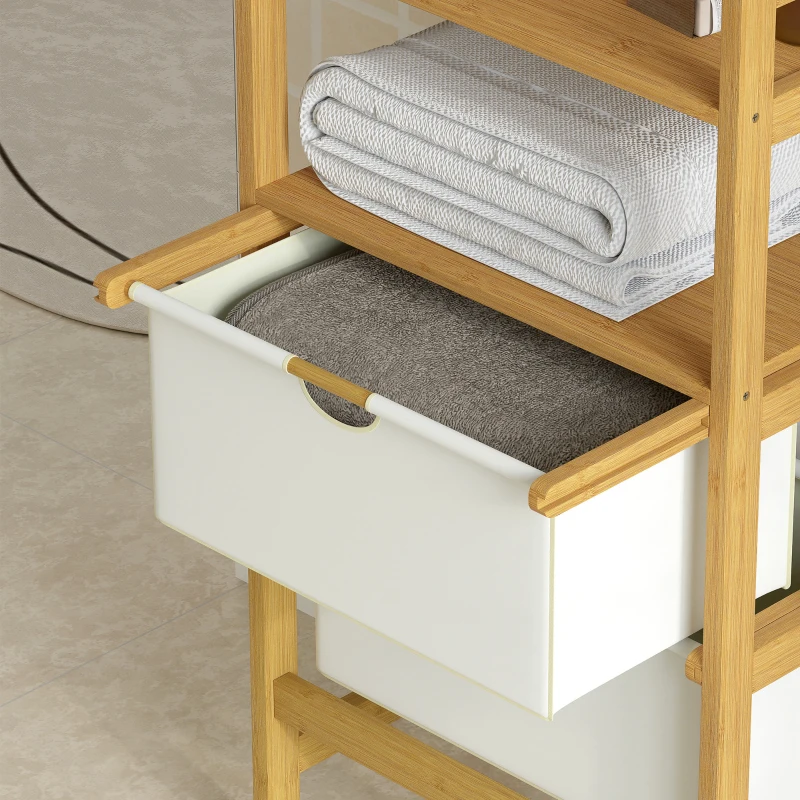 HOMCOM Étagère de Salle de Bambou avec Miroir avec 4 Crochets 2 Étagères Ouvertes et 2 Tiroirs en Tissu 48,5x30x170 cm Naturel
