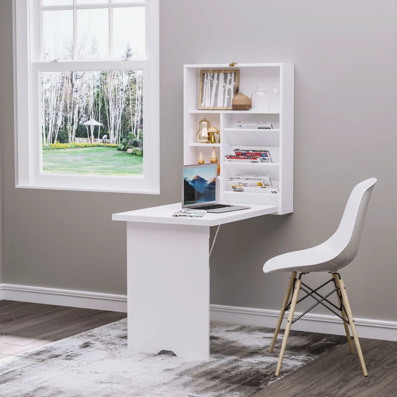 HOMCOM Escritorio plegable mural mesa mural plegable con estantes para sala de estar comedor oficina 93,8x60x147 cm Blanco