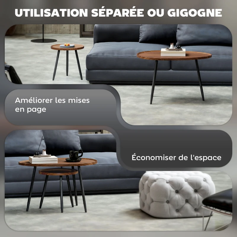 HOMCOM Lot de 2 tables basses gigognes, table d'appoint empilable, pieds en métal, pour salon, chambre, bureau, bois de noyer