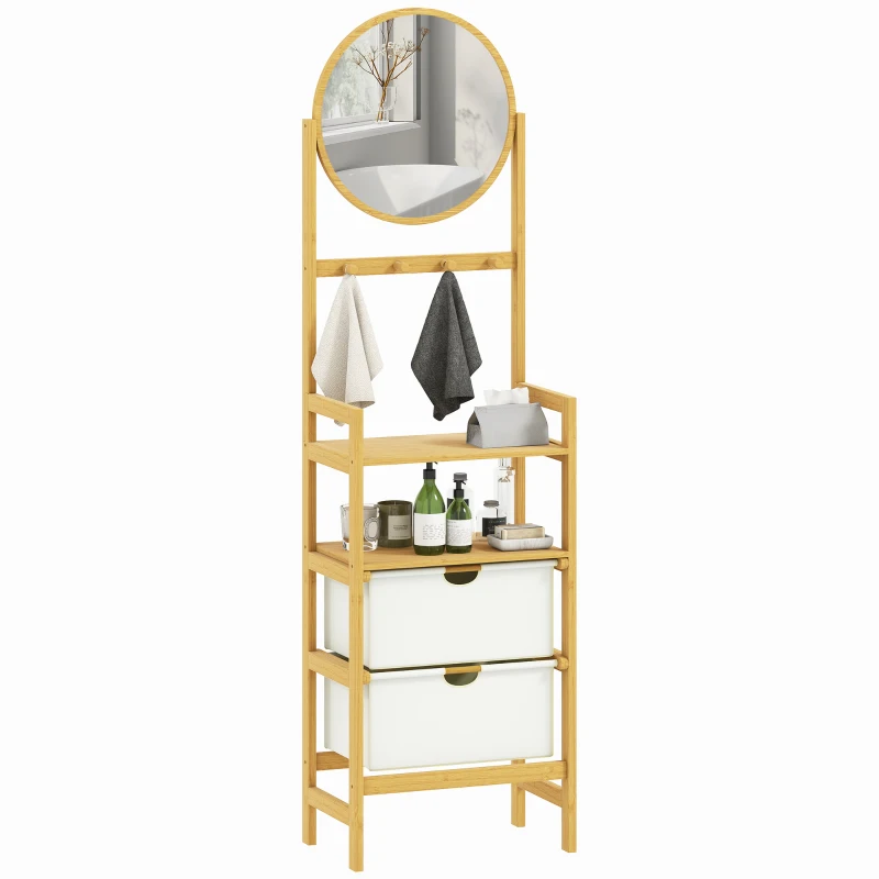 HOMCOM Étagère de Salle de Bambou avec Miroir avec 4 Crochets 2 Étagères Ouvertes et 2 Tiroirs en Tissu 48,5x30x170 cm Naturel