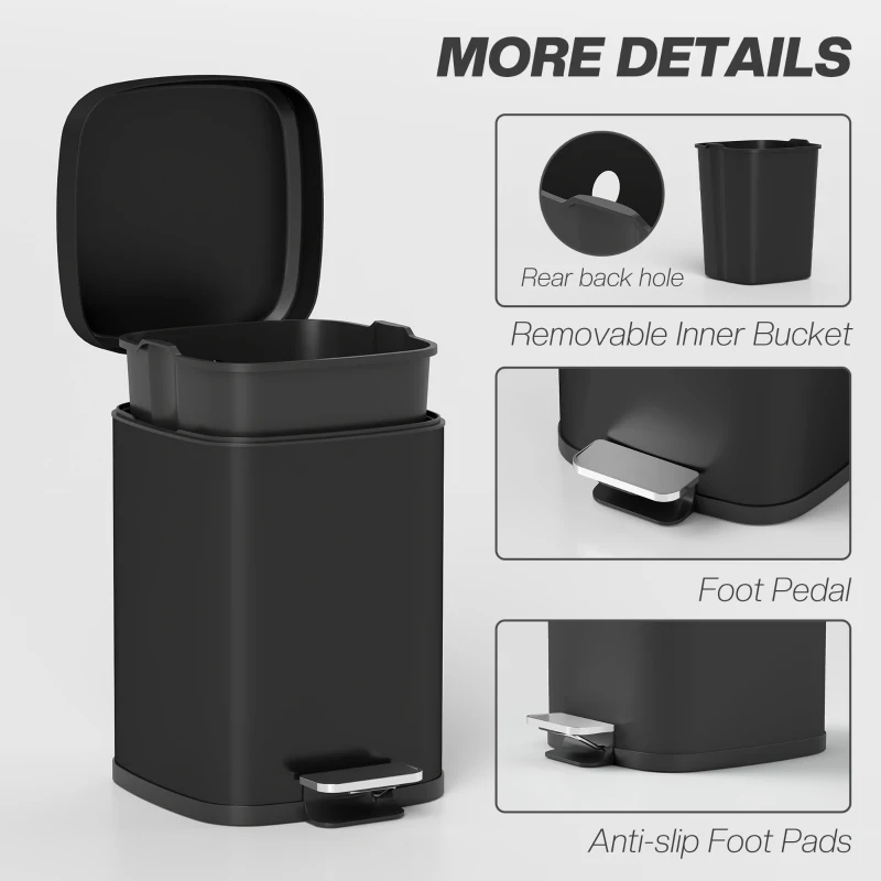 HOMCOM 12L Modern Boxy Metal Home Kitchen Bin - Black