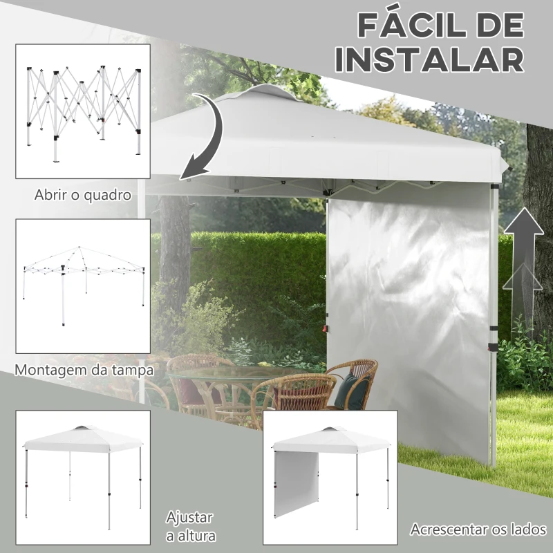 Outsunny Tenda Dobrável 247x247x268 cm  Tenda de Jardim com 1 Parede Lateral Altura Ajustável para Campismo Festas Branco