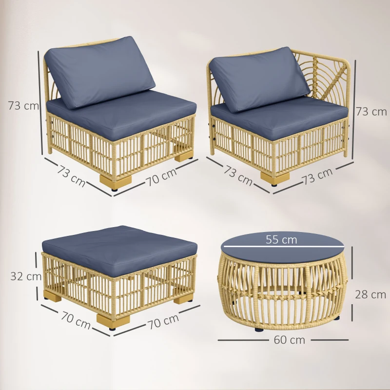 Outsunny Set Salotto in Rattan da Giardino con Divano Modulabile, Cuscini e Tavolino da Caffè, Grigio