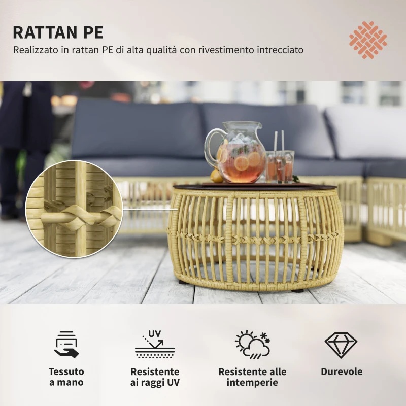 Outsunny Set Salotto in Rattan da Giardino con Divano Modulabile, Cuscini e Tavolino da Caffè, Grigio