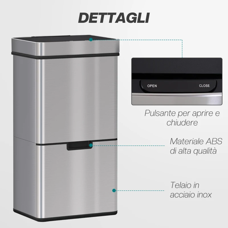 HOMCOM Pattumiera 72L a 3 Scomparti con Sensore Infrarossi e Apertura Automatica, in Acciaio e ABS, 42x30x81 cm