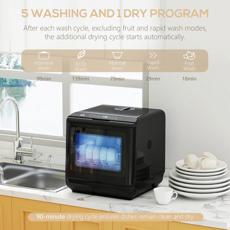HOMCOM Table Top Dishwasher, Mini Countertop Dishwasher with Built-in 6L Water Tank, 6 Programs, Touch Control, LED Display, 4 Place Settings, Dual Water Supply and Air Drying Function, White(m-5)