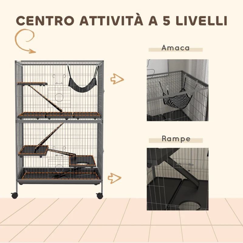 PawHut Gabbia per Roditori con 4 Ingressi a Livelli Multipli con Amaca, in Metallo e PP, 80x52x128 cm, Argento e Grigio