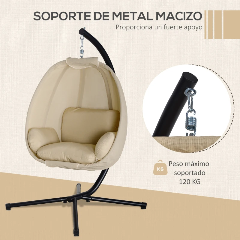 Outsunny Silla Colgante Huevo con Soporte con Cesta Plegable Cojín para Interior o Exterior Carga 120 kg Caqui