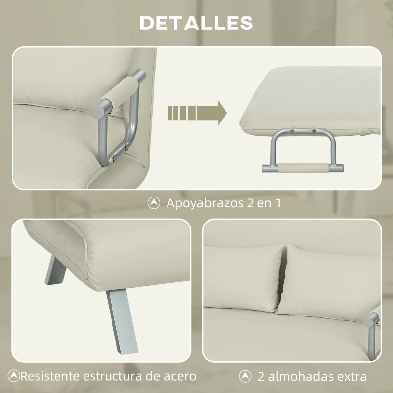 HOMCOM Sofá Cama de 2 Plazas con Respaldo Ajustable en 5 Posiciones Tapizado con Tacto de Ante y Cojines 111x80x78 cm Crema