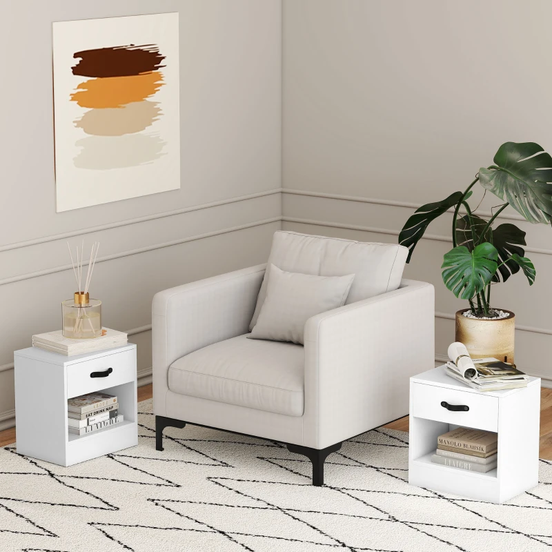 HOMCOM Pack de 2 Mesitas de Noche con Cajón y Compartimento Abierto para Salón 39x28x41 cm Blanco