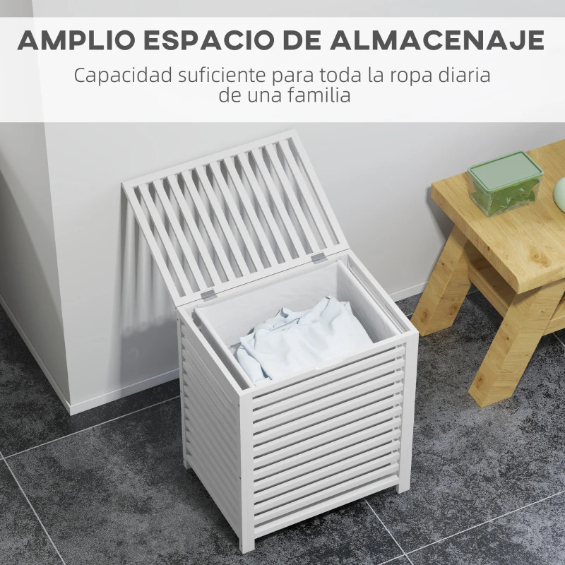 HOMCOM Cesta para la Colada de Bambú Capacidad de 55L Cesto para Ropa Sucia con 2 Asas y Bolsa Extraíble 50x36x60 cm Blanco