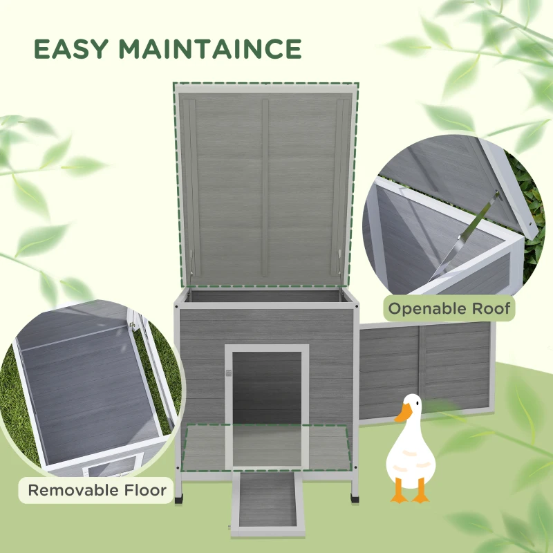 PawHut Wooden Duck House with Ramp, Double Doors, Openable Asphalt Roof, Ventilation Holes, Removable Base, Light Grey