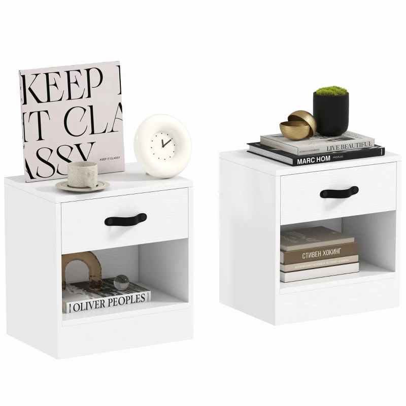 HOMCOM Pack de 2 Mesitas de Noche con Cajón y Compartimento Abierto para Salón 39x28x41 cm Blanco