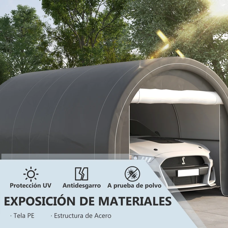Outsunny Garaje Exterior para Coche 5x3 m Anti-UV con Toldo de Tela PE Desmontable y Marco de Acero Galvanizado Gris