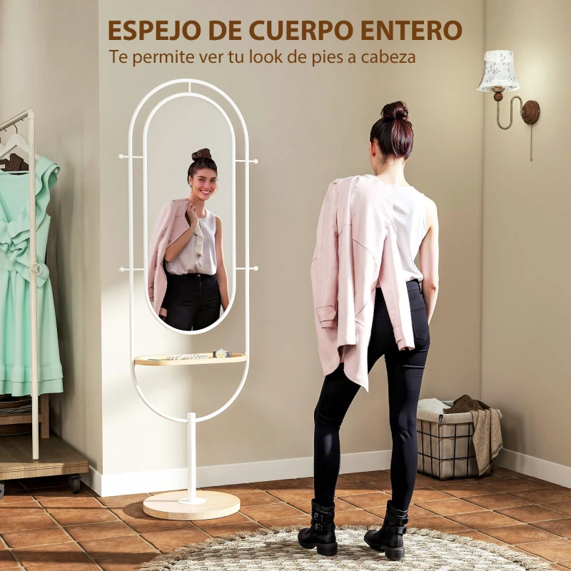 HOMCOM Espejo de Cuerpo Entero 175,5x50 cm con Bandeja de Madera 4 Ganchos y Marco de Metal para Salón Dormitorio Blanco