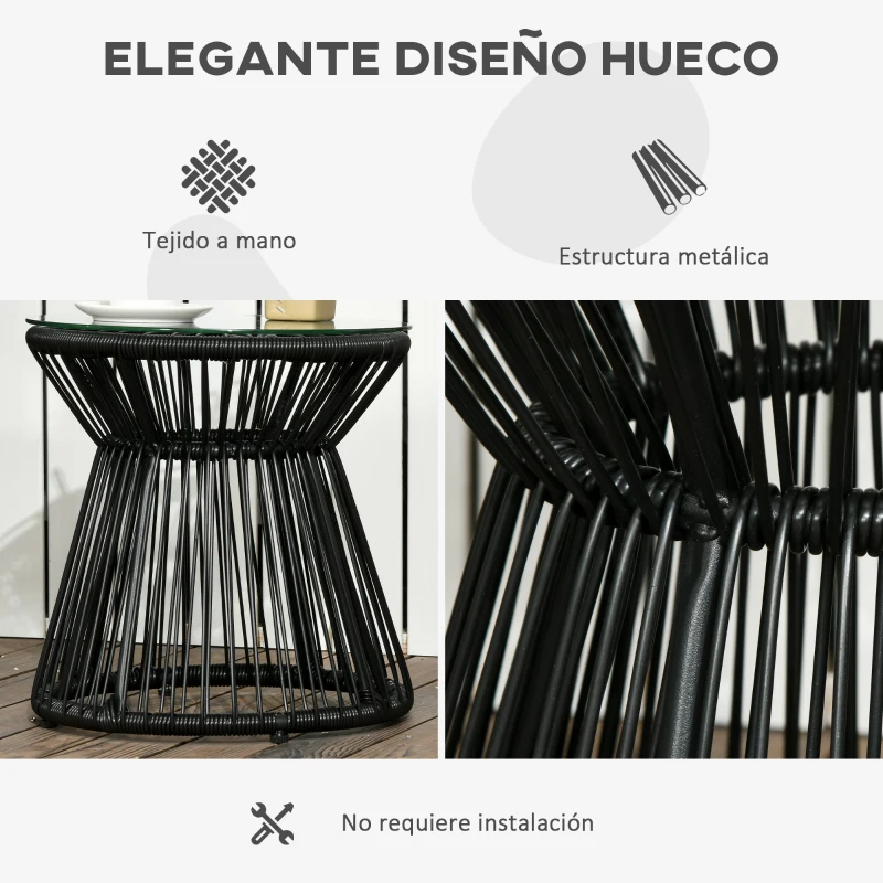 Outsunny Mesa de Jardín de Ratán Sintético Redonda con Encimera de Cristal y Marco de Metal Carga 30 kg Ø40x42 cm Negro