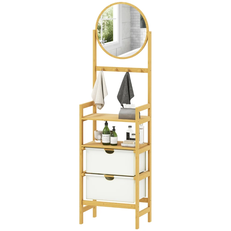 HOMCOM Estantería de Baño de Bambú con Espejo con 4 Ganchos 2 Estantes Abiertos y 2 Cajones de Tela 48,5x30x170 cm Natural