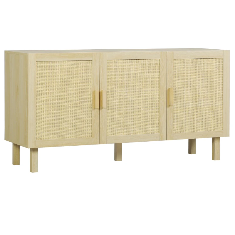 HOMCOM Aparador 3 Puertas de Rejilla de Ratán con Estantes Ajustables para Comedor Entrada Dormitorio Natural 136x41x70 cm