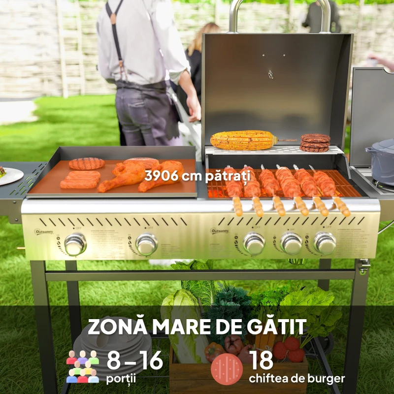 Outsunny Grătar pe Gaz cu Plită și Arzător, Capac cu Termometru Negru