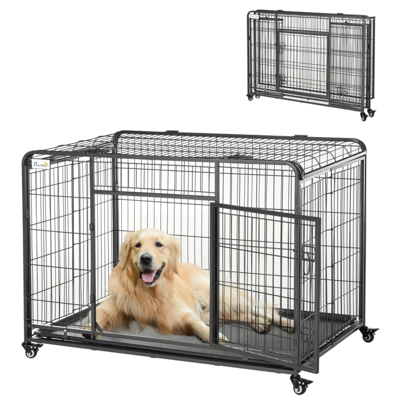 PawHut Jaula para Perros Plegable de Metal Jaula para Perros Grandes 125x76x81 cm con Ruedas y Frenos Bandeja Extraíble y Puerta con Pestillos para Golden Retriver Labrador Gris Oscuro