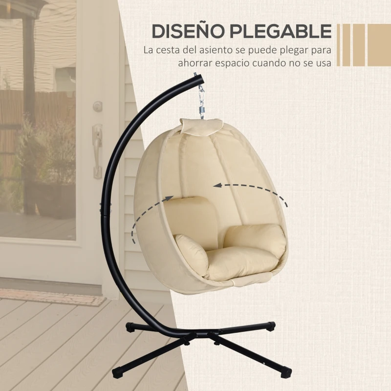 Outsunny Silla Colgante Huevo con Soporte con Cesta Plegable Cojín para Interior o Exterior Carga 120 kg Caqui