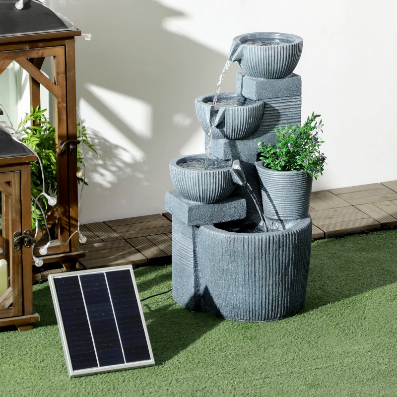 Outsunny Tuinfontein Viertraps Waterval Fontein 57cm Hoogte Zonne-energie LED's voor Tuin, Donkergrijs
