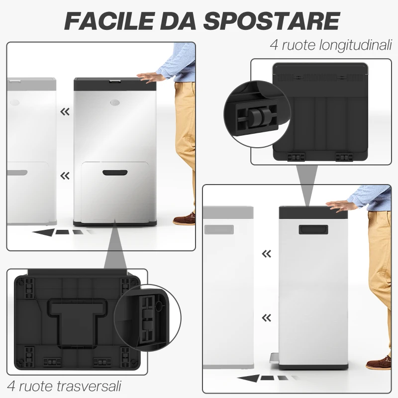 HOMCOM Bidone Immondizia a 3 Sezioni da 56L con Supporto per Deodorante, in Acciaio e PP, 45.7x35.8x76 cm, Argento