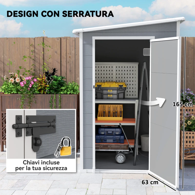 Outsunny Casetta da Giardino con Finestra e Doppia Porta, in PP e Alluminio, 122x149x192 cm, Grigio