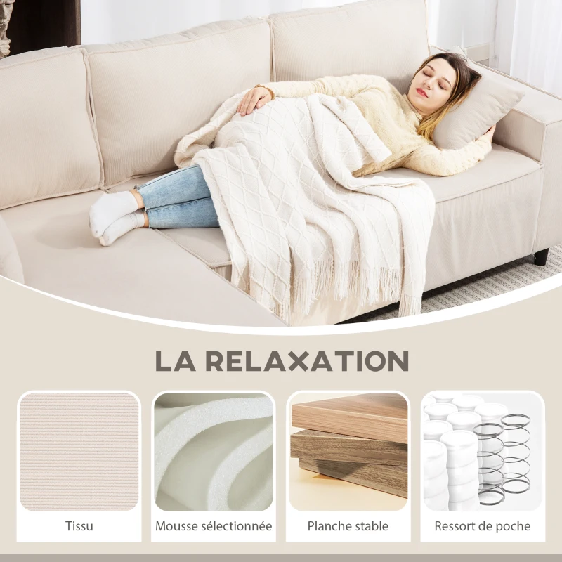 HOMCOM Canapé d'angle réversible 3 places moderne avec coussins inclus, tissu velours côtelé, crème(m-5)