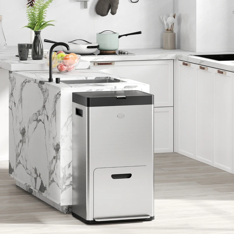HOMCOM Bidone Immondizia a 3 Sezioni da 56L con Supporto per Deodorante, in Acciaio e PP, 45.7x35.8x76 cm, Argento