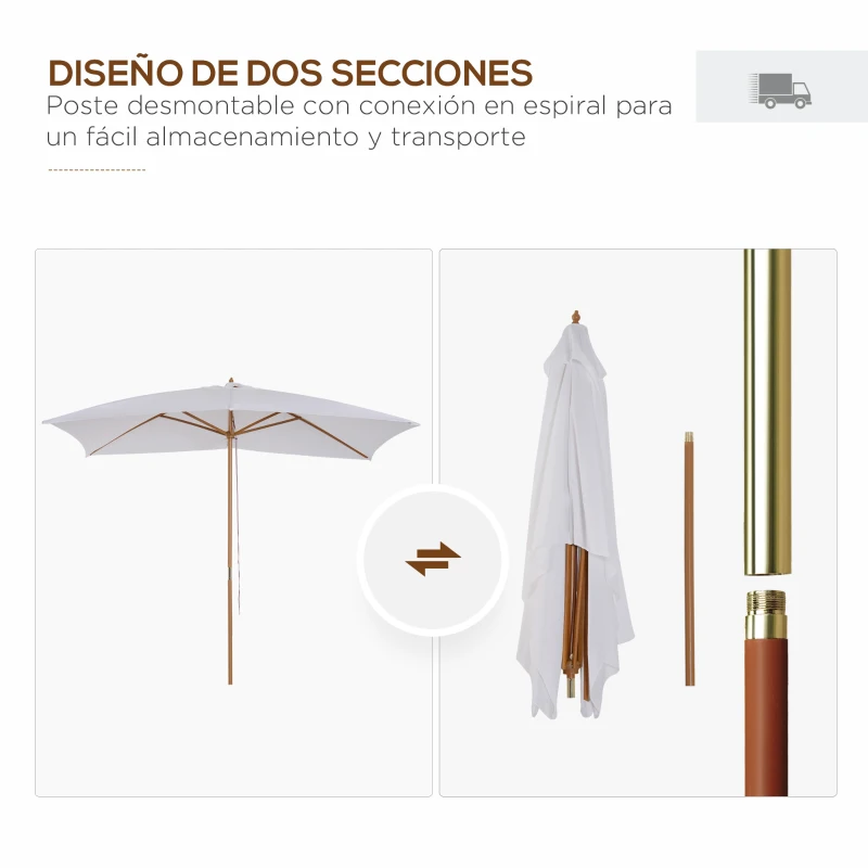 Outsunny Sombrilla de Jardín 295x200x255cm con Mástil de Madera Varillas de Bambú y Polea Parasol Rectangular para Terraza Blanco