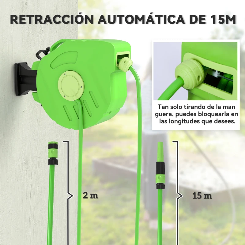Outsunny Carrete para Manguera 15M+1,5M Soporte Mural Portamanguera Roll-up Automático Giratorio 180° con Pistola de Pulverización Gran Alcance Base de Pared Conector de Manguera para Jardín Terraza