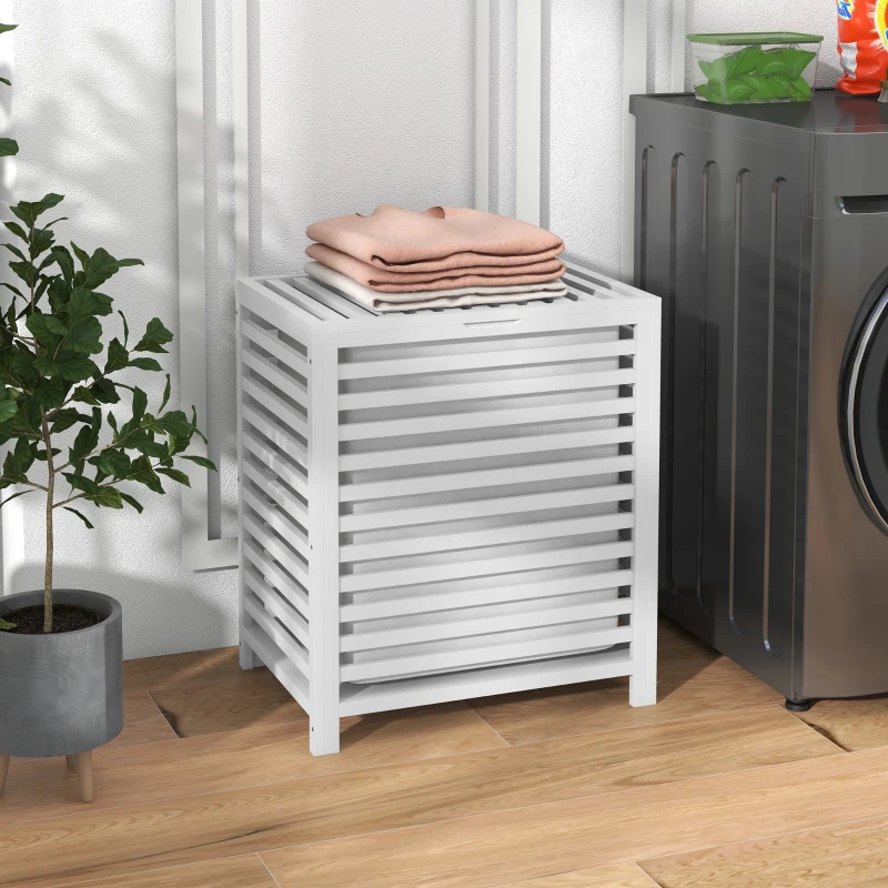 HOMCOM Cesta per il Bucato di Bambù Capacità 55L Cesto per Biancheria con 2 Manici e Borsa Estraibile 50x36x60 cm Bianco