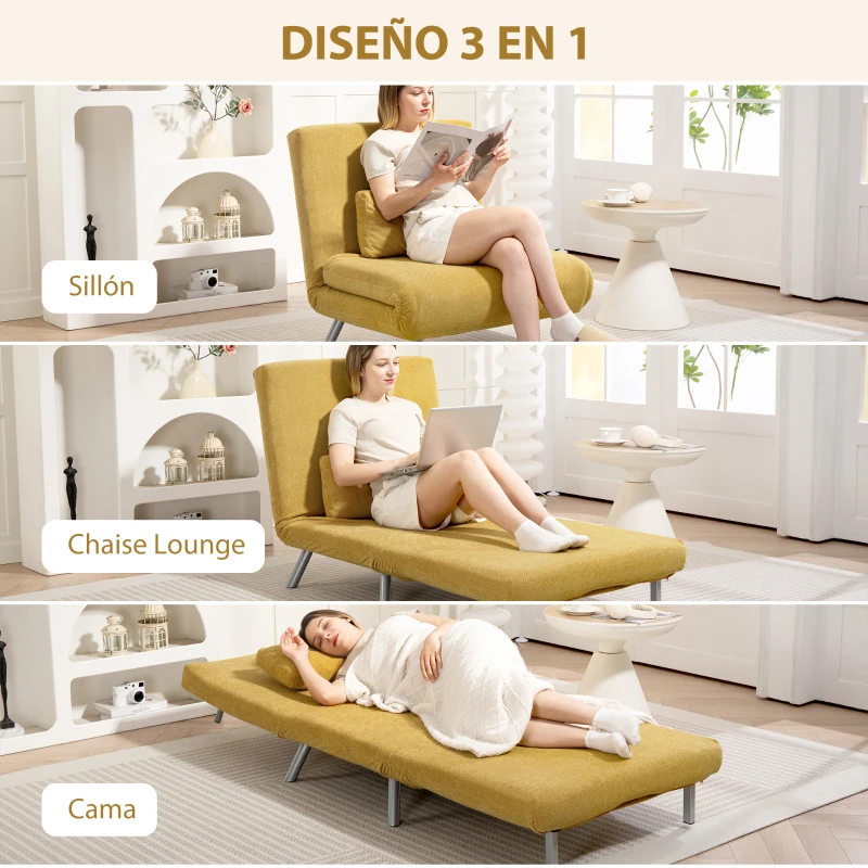 HOMCOM Sofá Cama de 1 Plazas Plegable Tapizado en Chenilla con Respaldo Ajustable de 5 Niveles 80x75x83 cm Amarillo