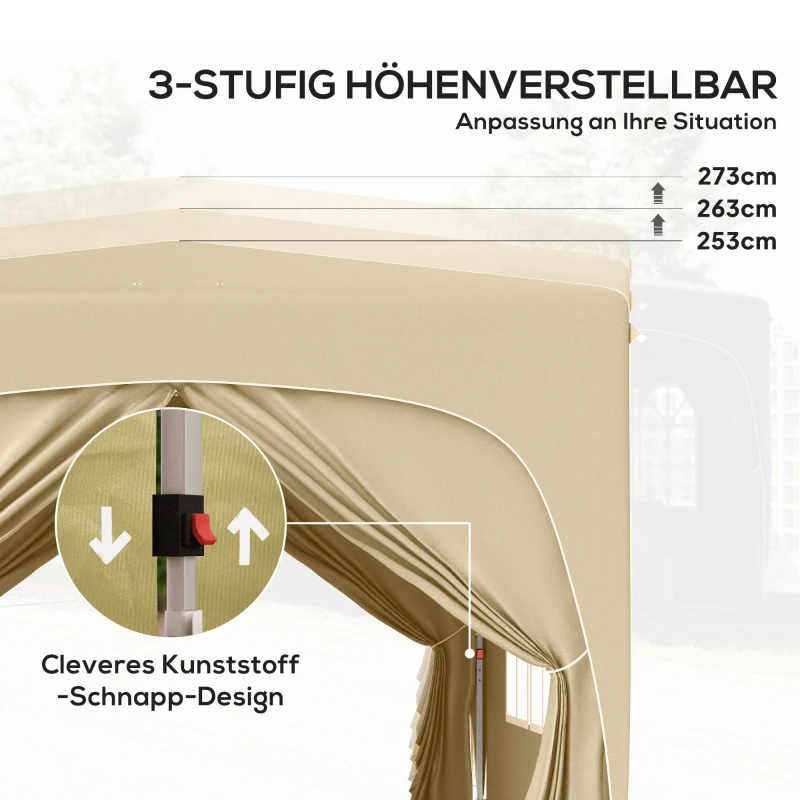 Outsunny 3 x 3 m Pavillon, Pop-up Gartenzelt mit Seitenwänden und Tragetasche, UPF50+, höhenverstellbar, Sand(m-5)