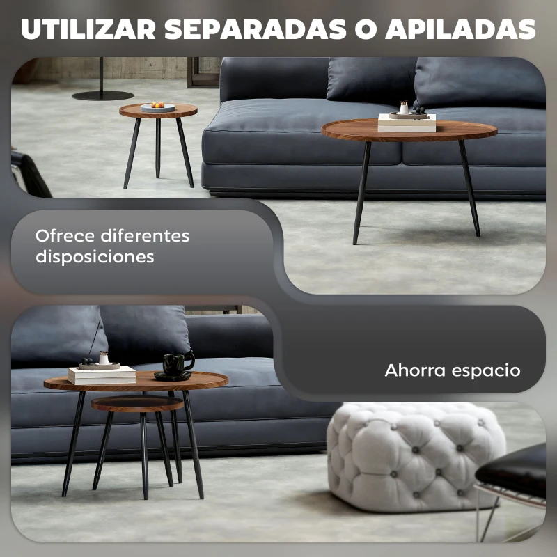 HOMCOM Juego de 2 Mesas Auxiliares Apilables Mesas Nido Estilo Moderno con Marco de Metal para Salón Dormitorio Efecto Madera