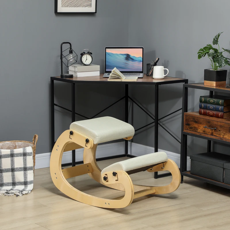 HOMCOM Sedia Inginocchiatoio Regolabile in 6 Posizioni, in Tessuto Effetto Lino e Legno di Betulla, 55x85x55 cm, Crema