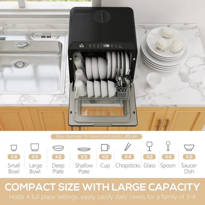 HOMCOM Table Top Dishwasher, Mini Countertop Dishwasher with Built-in 6L Water Tank, 6 Programs, Touch Control, LED Display, 4 Place Settings, Dual Water Supply and Air Drying Function, White(m-4)