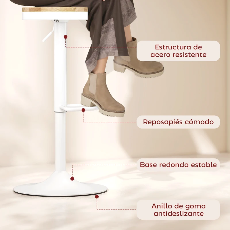 HOMCOM Juego de 2 Taburetes Altos de Cocina con Altura Ajustable Asiento de Madera Marco de Acero y Reposapiés Natural y Blanco