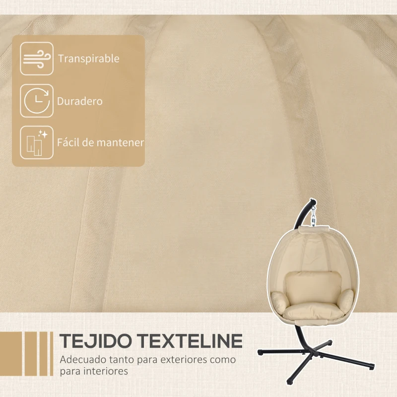 Outsunny Silla Colgante Huevo con Soporte con Cesta Plegable Cojín para Interior o Exterior Carga 120 kg Caqui