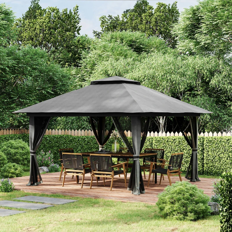 Outsunny Tuinpaviljoen 4x4 met Ventilatiedak, Snelle Montage en 4 Gaaswanden, Donkergrijs