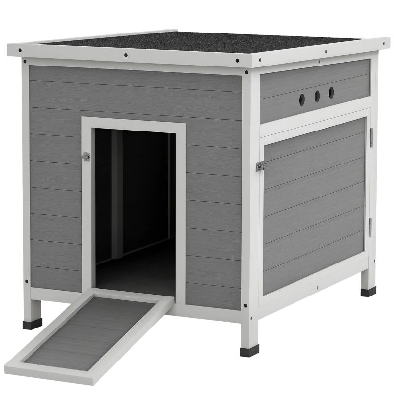 PawHut Wooden Duck House with Ramp, Double Doors, Openable Asphalt Roof, Ventilation Holes, Removable Base, Light Grey